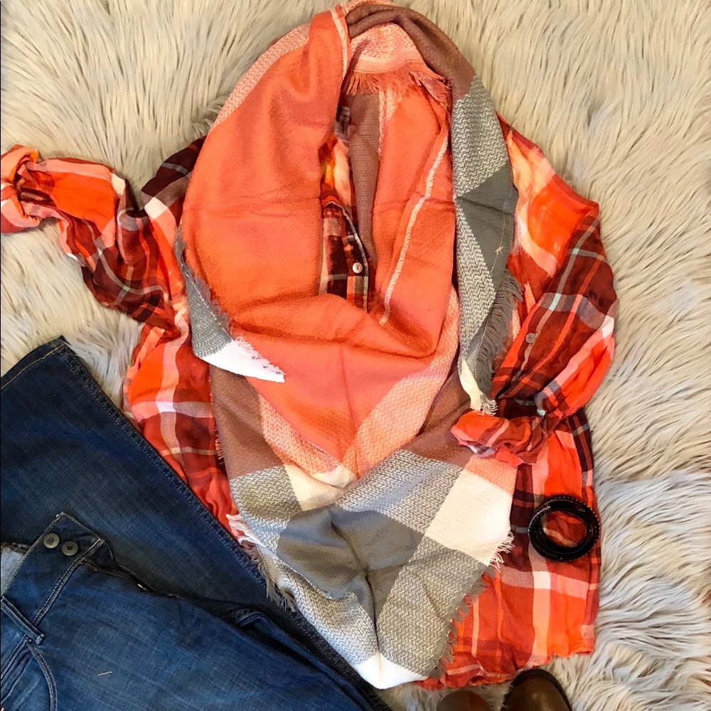 Orange Plaid Distressed Flannel